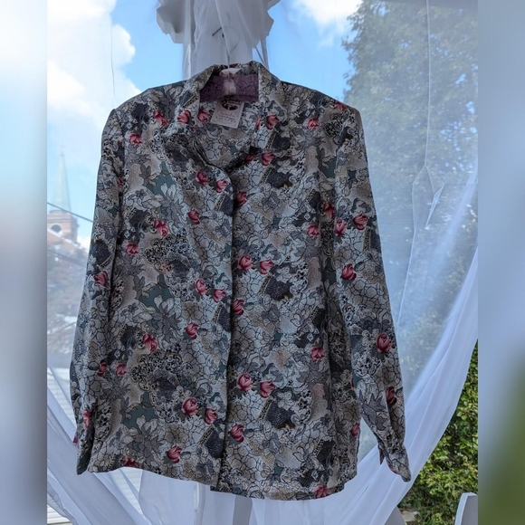 Vintage 80's Classic Collection White, Black, Pink, & Yellow Floral Blouse - Picture 4 of 5